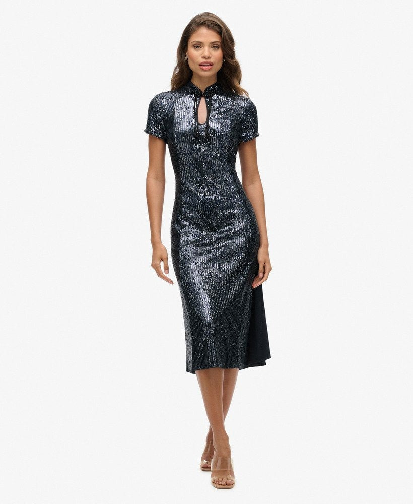 Mandarin Sequin Midi Slim Fit Dress | Gunmetal Sequin