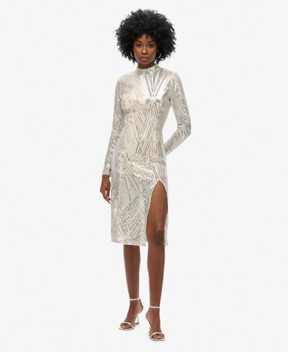 Open Back Chevron Midi Slim Fit Dress | Silver Sequin