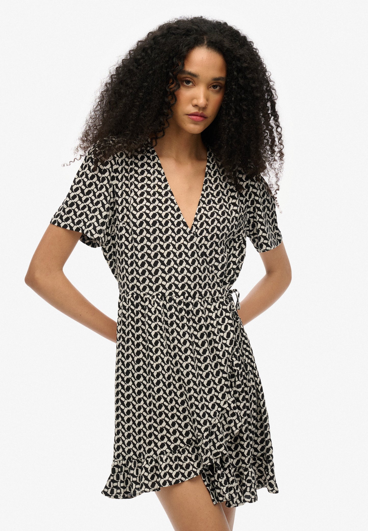 Short Sleeve Mini Wrap Slim Fit Dress | Ronnie Geo Mono