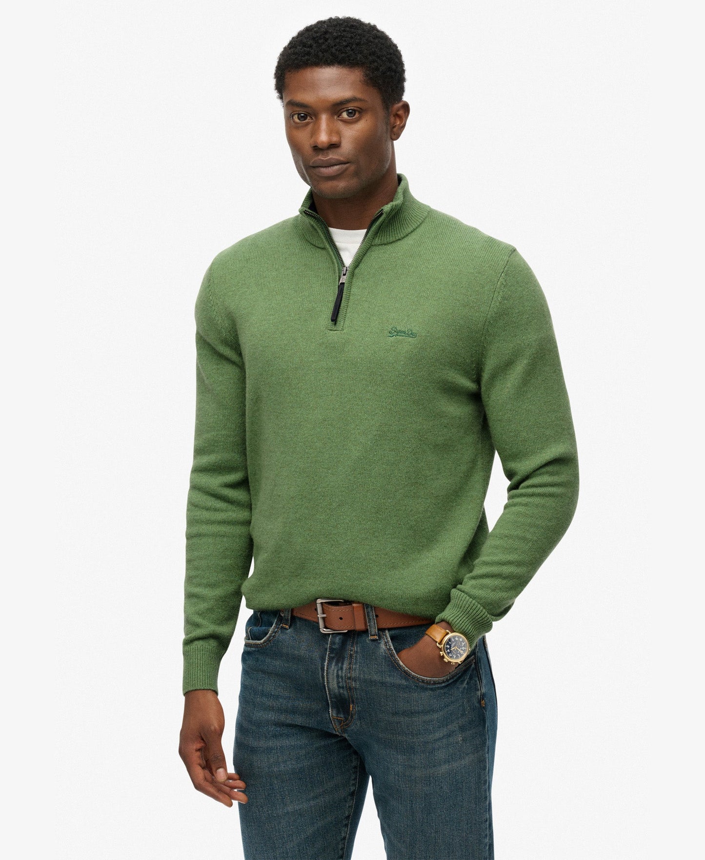 Wool Blend Half Zip Slim Fit Jumper | Artichoke Green Marle