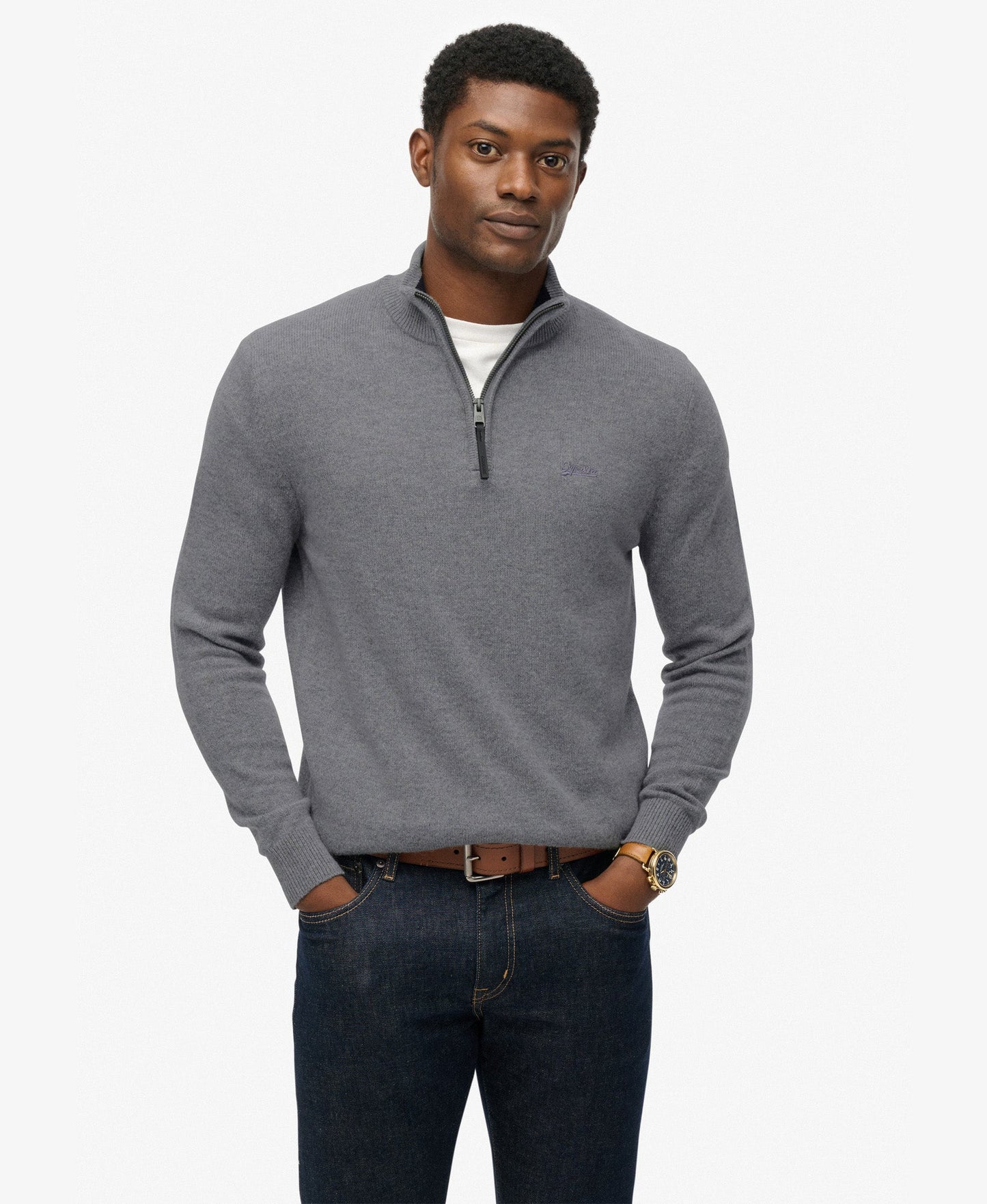 Wool Blend Half Zip Slim Fit Jumper | Blue Grey Marle