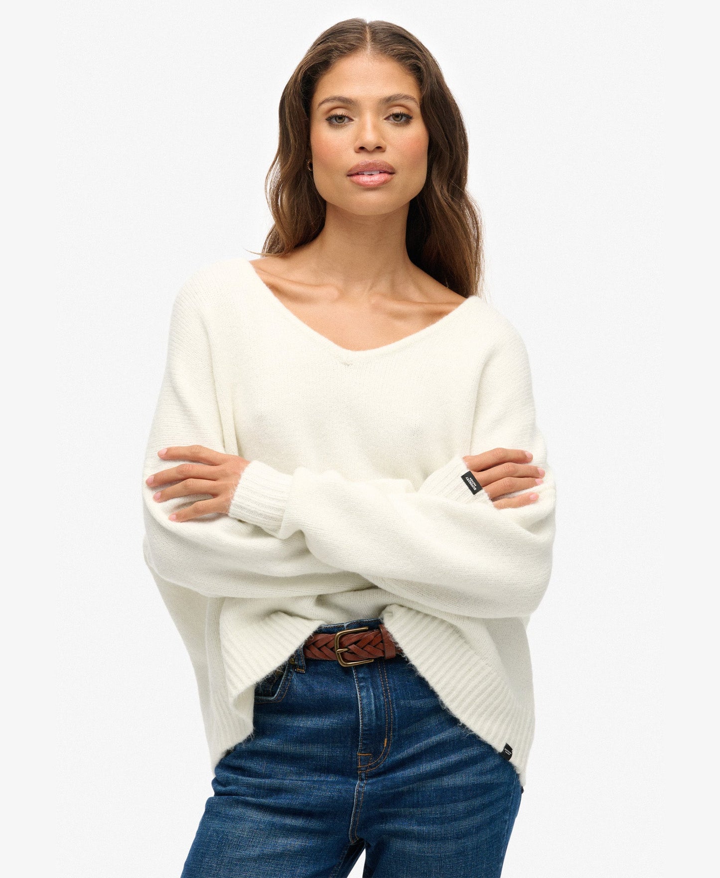 Brushed Os V Neck Jumper | Snow White Twist