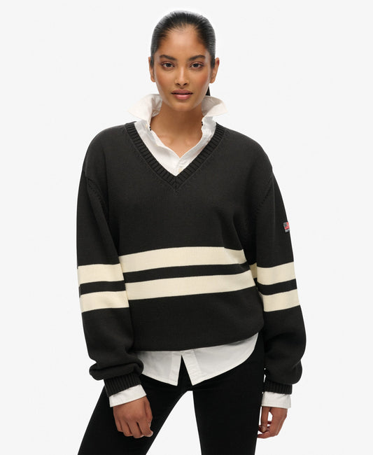 Oversized Striped V Neck | Dark Charcoal