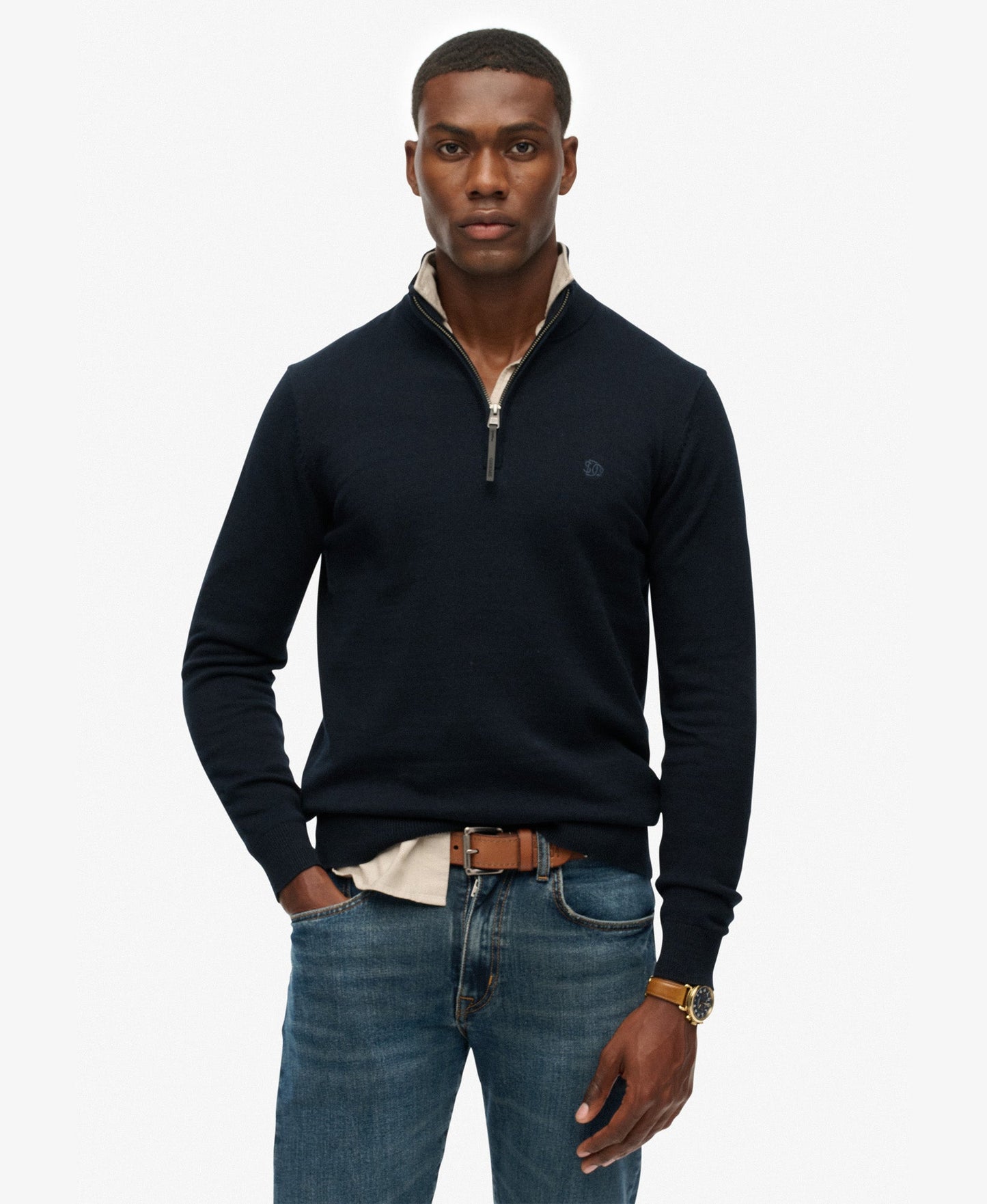 Slim Fit Essentials Cotton Half Zip | Eclipse Navy Marle