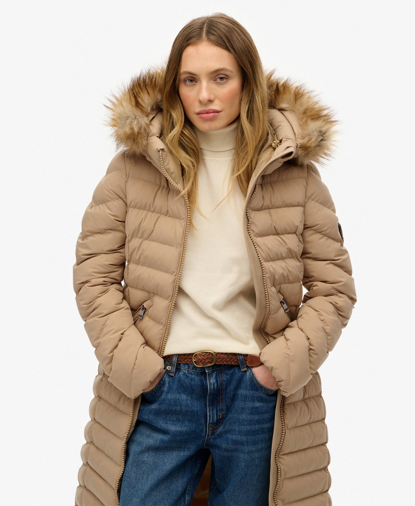 Fuji Faux Fur Hooded Longline Slim Fit Jacket | Shaker Beige