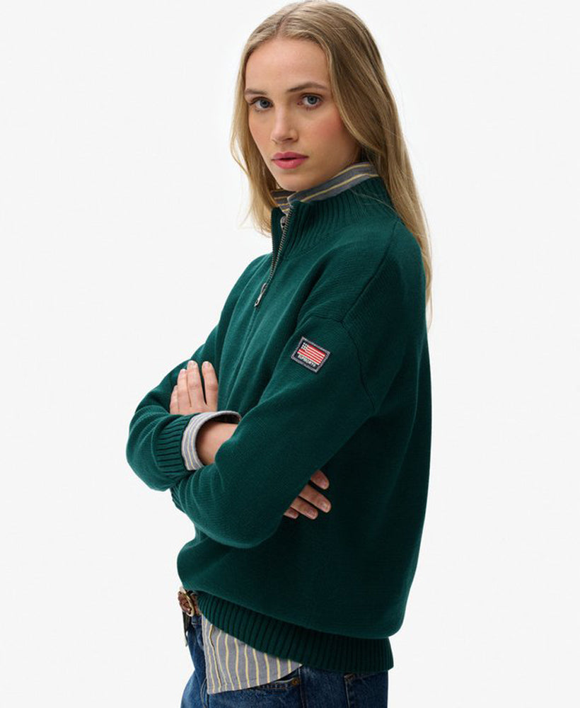 Slouchy Knitted Half Zip | Darkest Pine Green