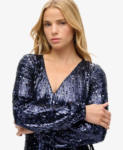 Sequin Wrap Maxi Slim Fit Dress | Navy Sequin