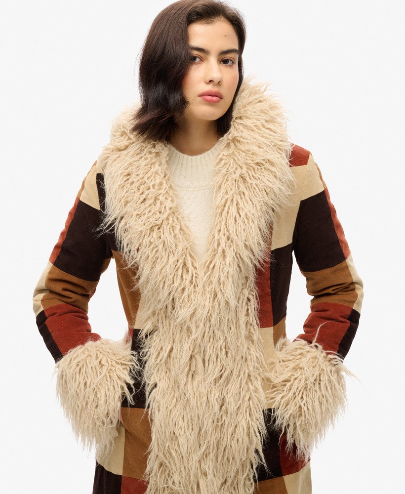 Patchwork Long Afghan Slim Fit Coat | Brown Patchwork Cord