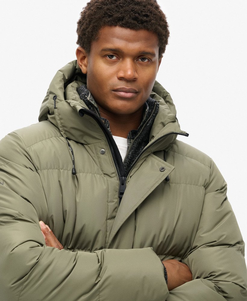 Hooded Sports Puffer Mid Jacket | Dusty Olive Green