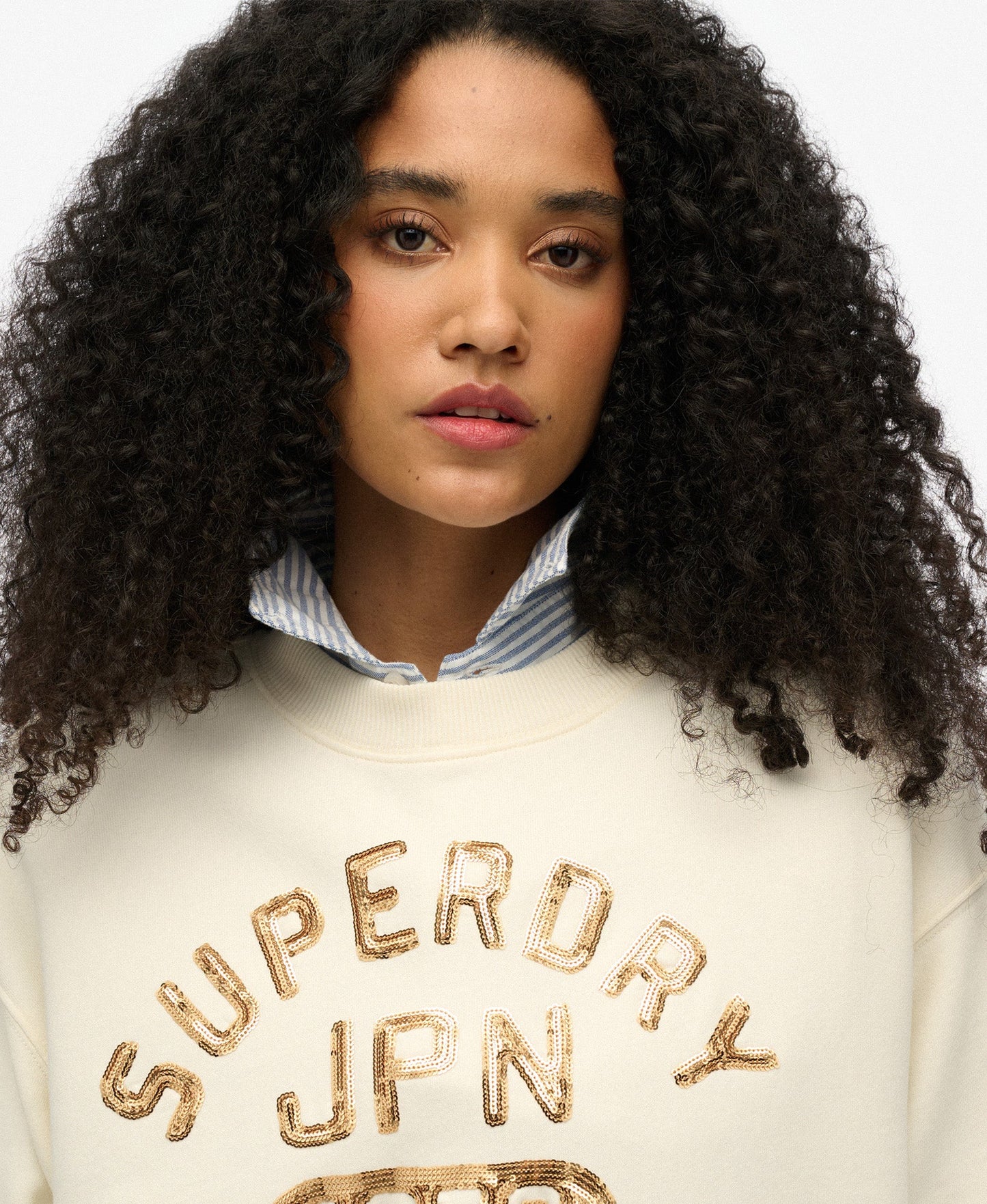 Embellished Varsity Loose Crew | Cream