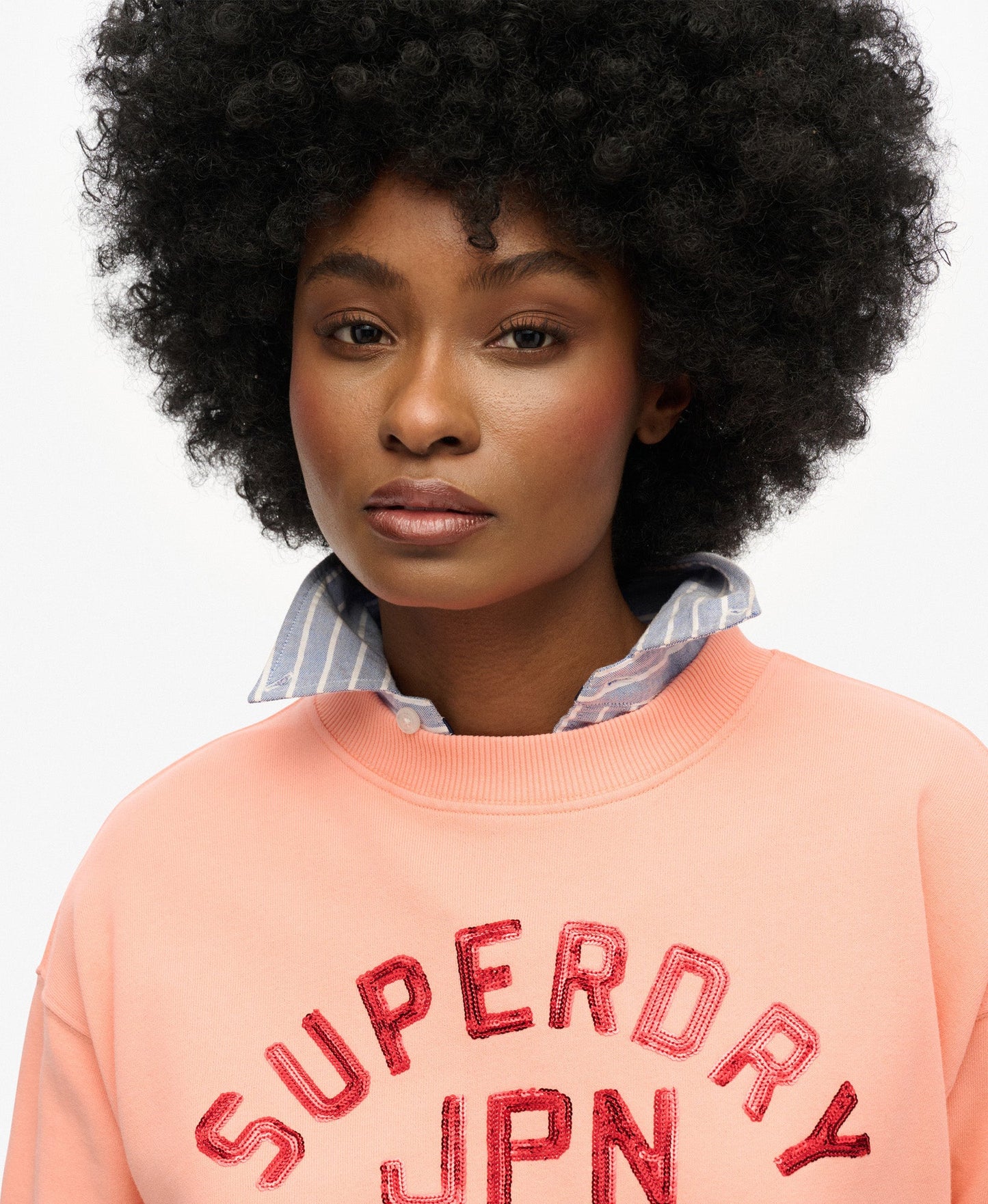 Embellished Varsity Loose Crew | Peach Amber