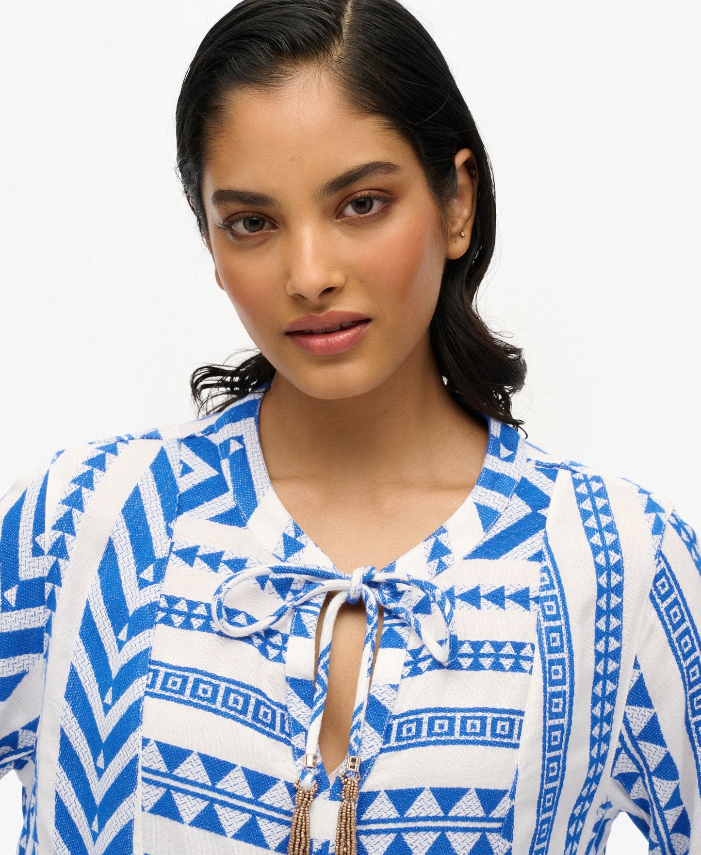 Ibiza Long Sleeve Tiered Mini Dress | Ecru Blue Emb
