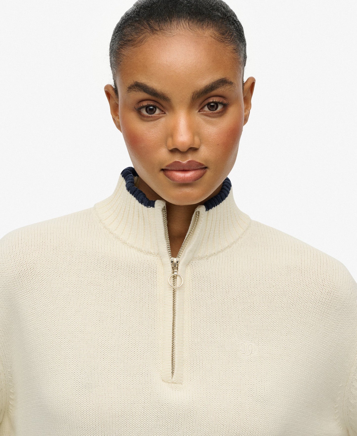 Cotton Half Zip Knit | Off White Richest Navy Stripe