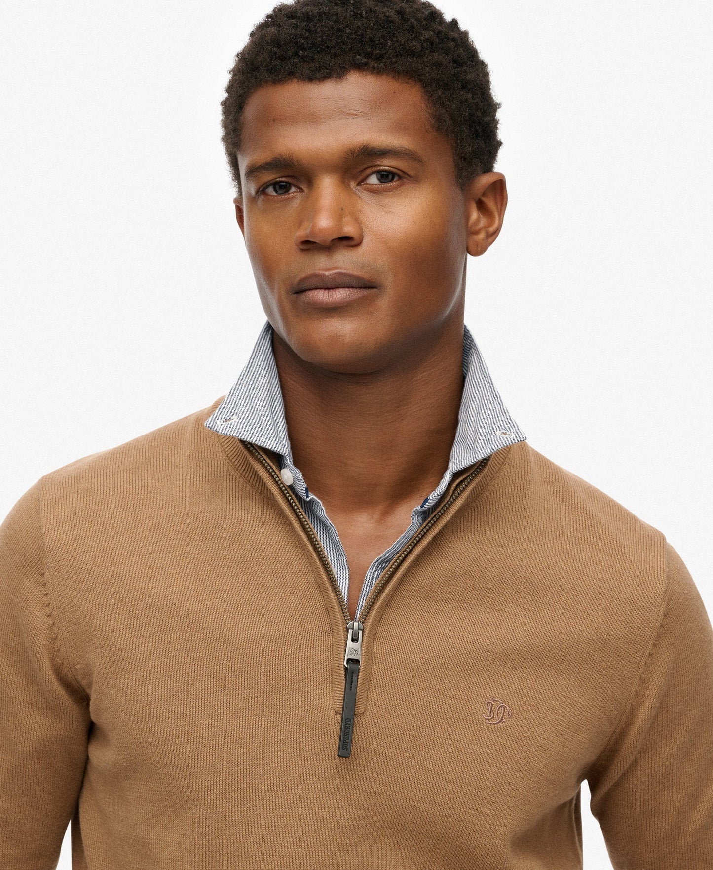 Slim Fit Essentials Cotton Half Zip | Carbon Brown Marle