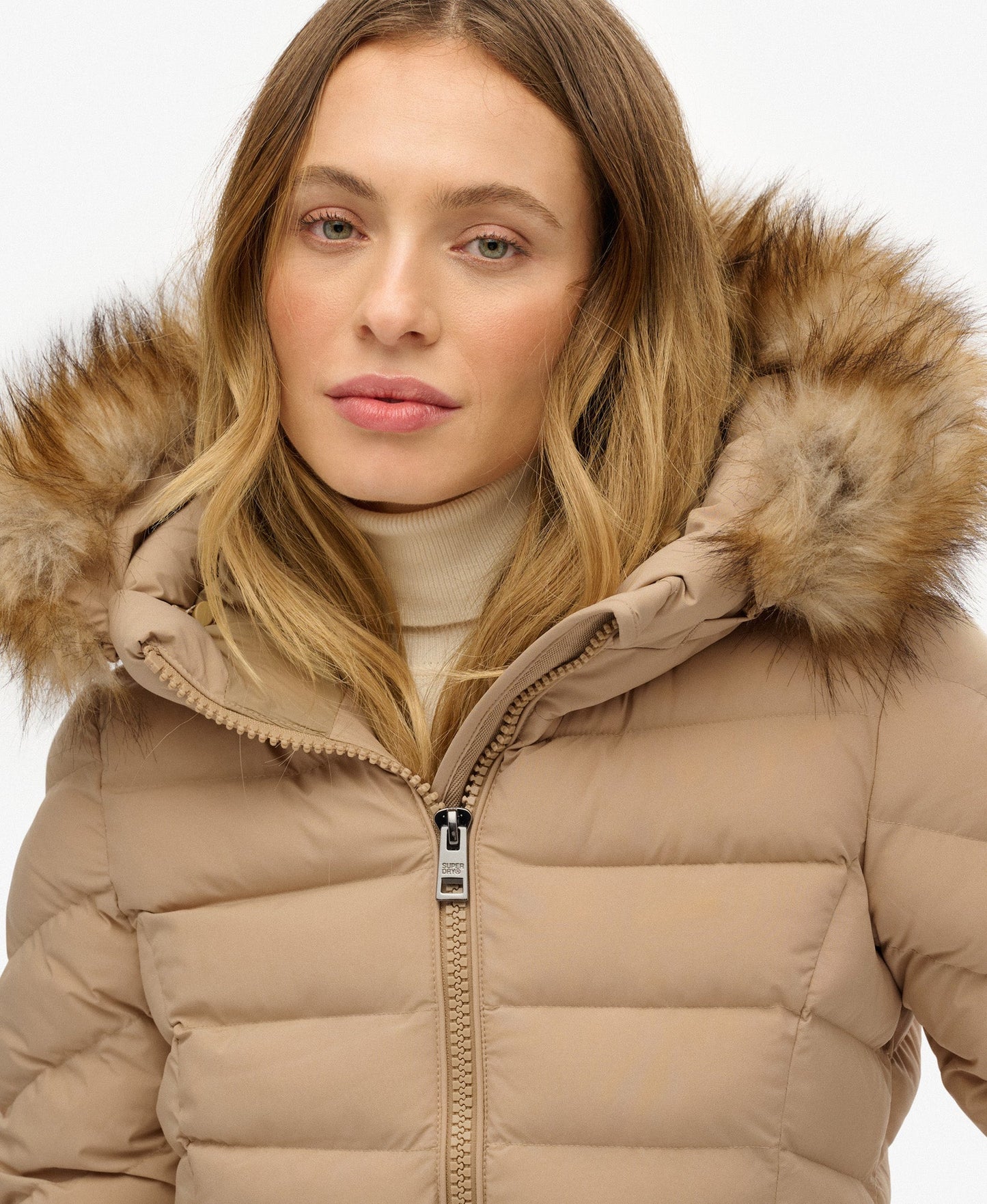 Fuji Faux Fur Hooded Longline Slim Fit Jacket | Shaker Beige