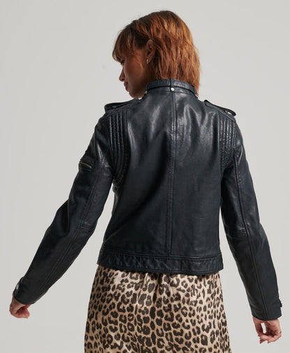 Slim Fit Vintage Leather Moto Racer | Vintage Black
