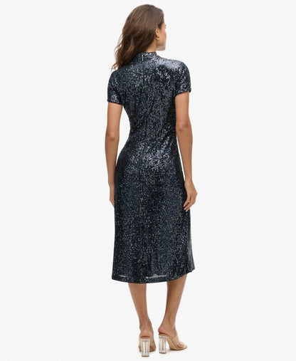 Mandarin Sequin Midi Slim Fit Dress | Gunmetal Sequin