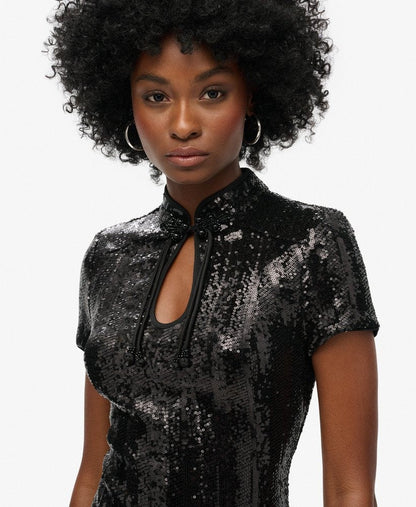 Mandarin Sequin Mini Dress | Black Sequin