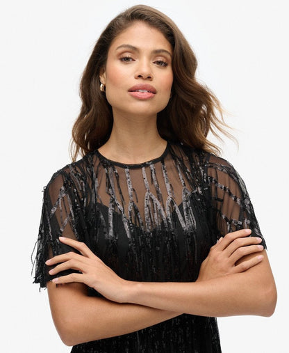 Volume Tiered Mesh Mini Dress | Tassle Black Sequin