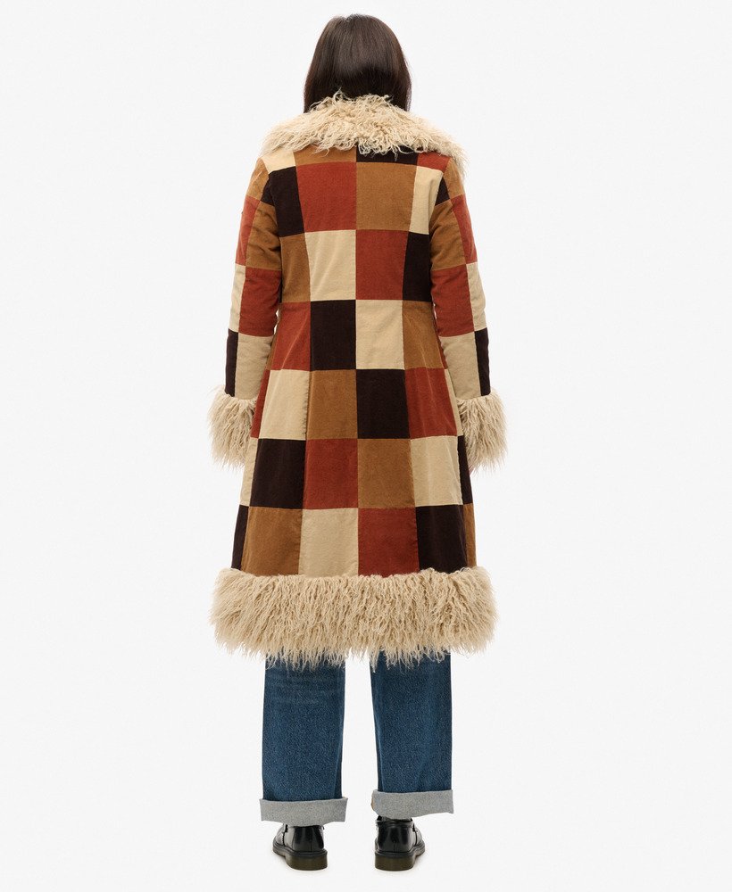 Patchwork Long Afghan Slim Fit Coat | Brown Patchwork Cord