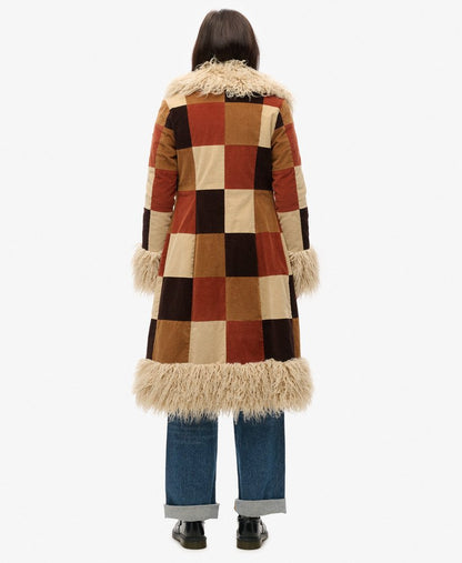 Patchwork Long Afghan Slim Fit Coat | Brown Patchwork Cord