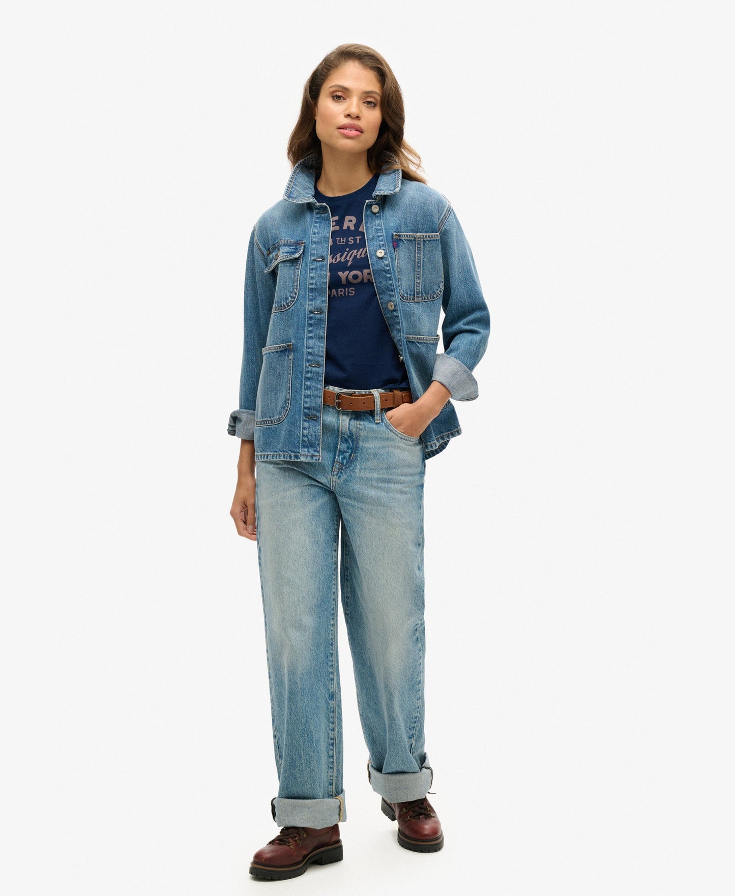 Indigo Workwear Cap Sleeve Slim Fit Tee | Deep Denim Blue Wash Indigo