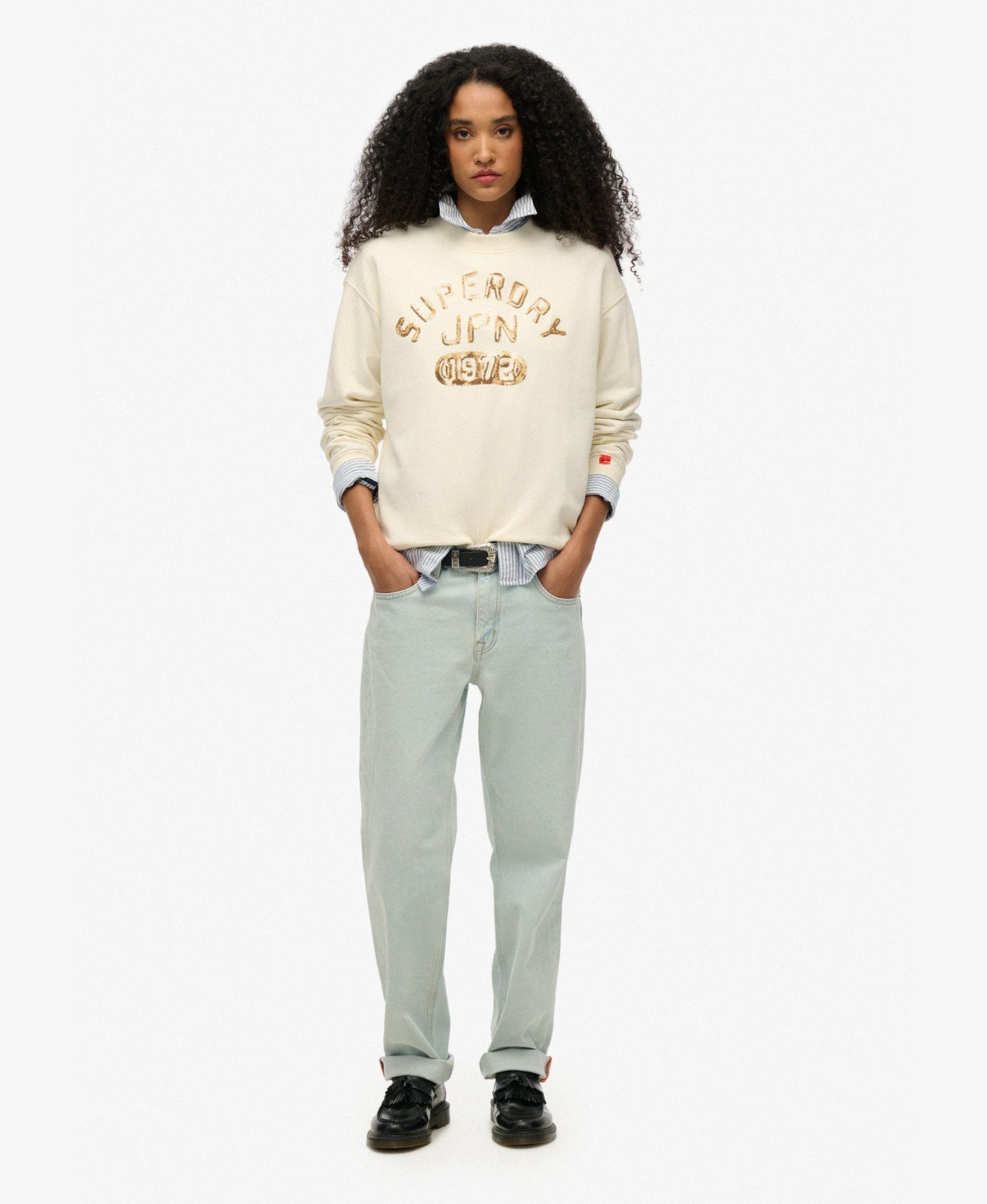 Embellished Varsity Loose Crew | Cream