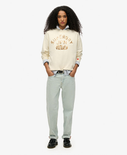 Embellished Varsity Loose Crew | Cream