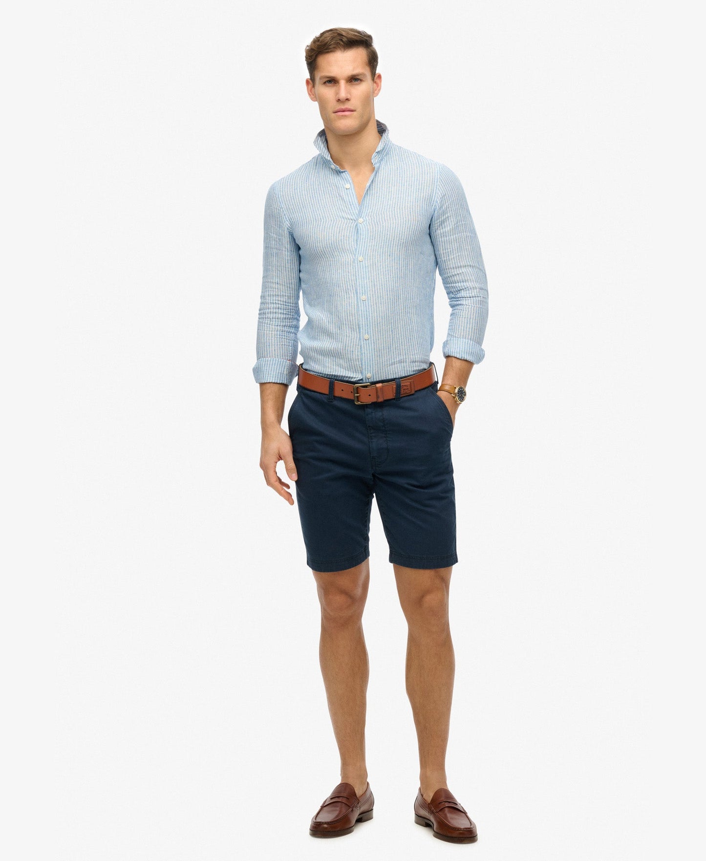 Vacation Long Sleeve Linen Shirt | Azure Blue Stripe