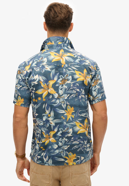 Hawaiian Print Shirt | Tropical Flowers Blue Washed