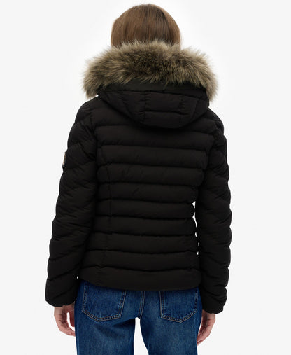 Fuji Faux Fur Slim Fit Hood Padded Jacket | Black