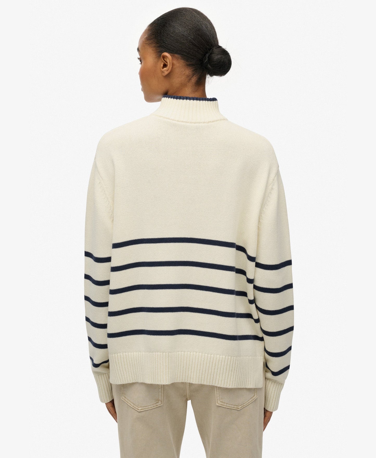 Cotton Half Zip Knit | Off White Richest Navy Stripe