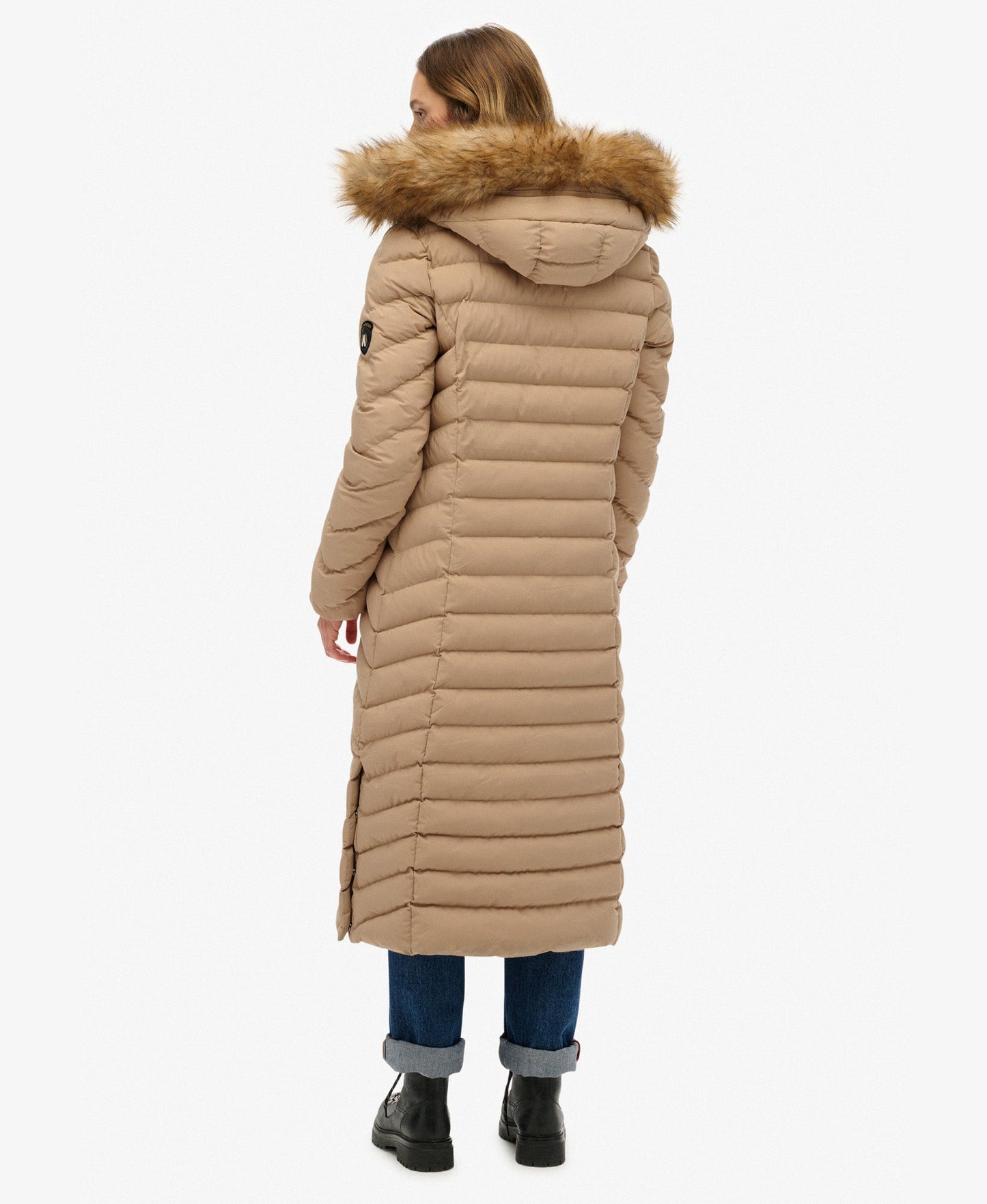 Fuji Faux Fur Hooded Longline Slim Fit Jacket | Shaker Beige