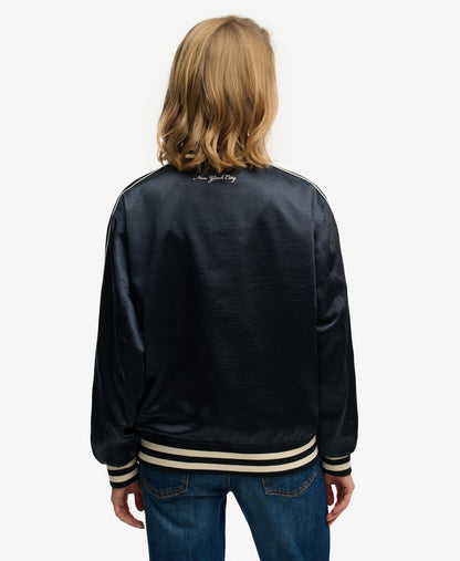 Varsity Satin Slim Fit Bomber Jacket | Eclipse Navy