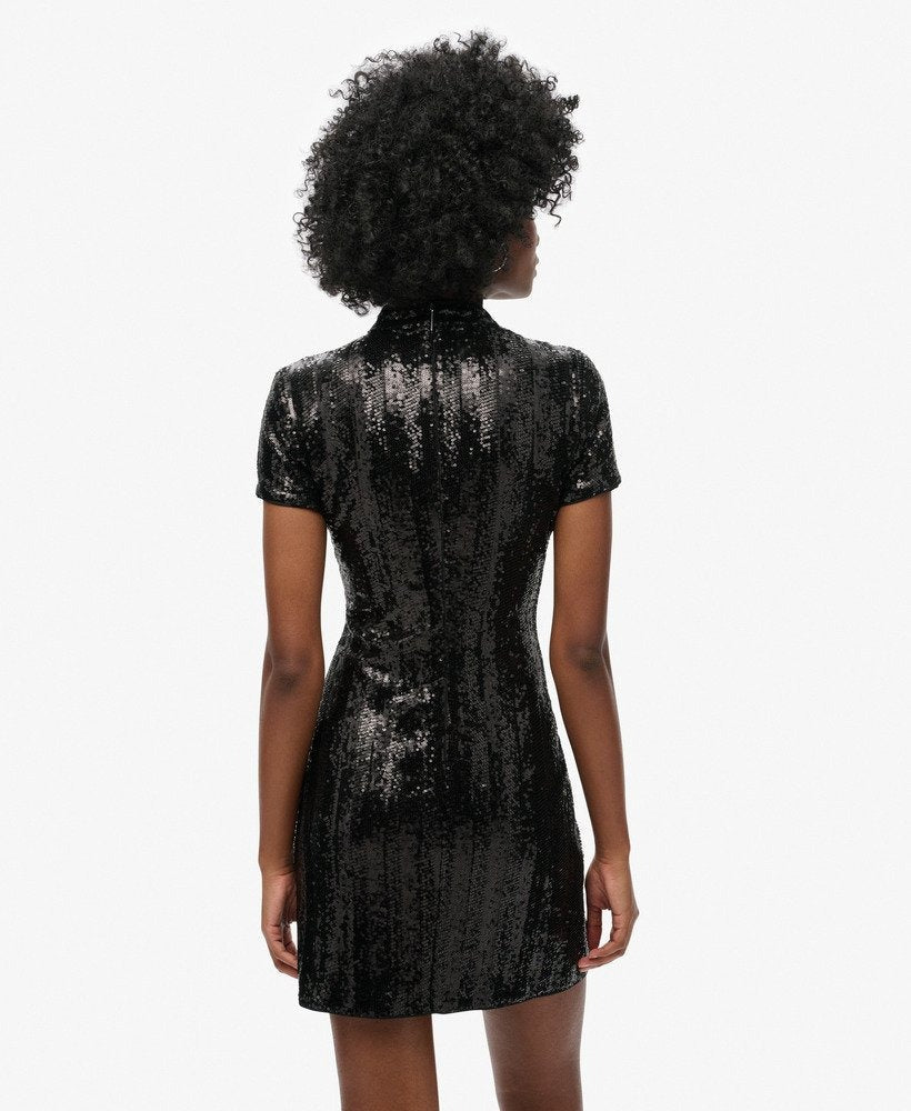 Mandarin Sequin Mini Dress | Black Sequin