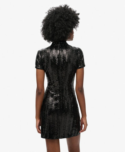 Mandarin Sequin Mini Dress | Black Sequin