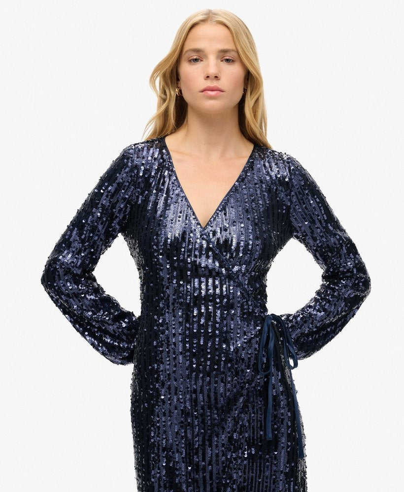 Sequin Wrap Maxi Slim Fit Dress | Navy Sequin