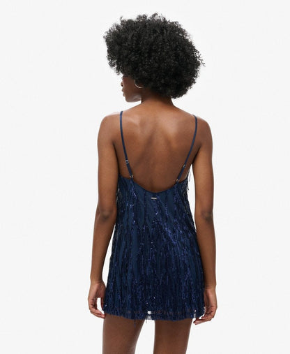 Fringe V Neck Cami Mini Slim Fit Dress | Navy Sequin