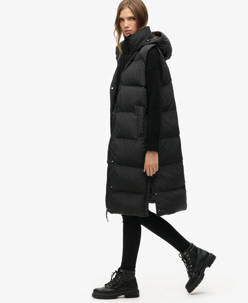 Longline Hooded Puffer Gilet | Black