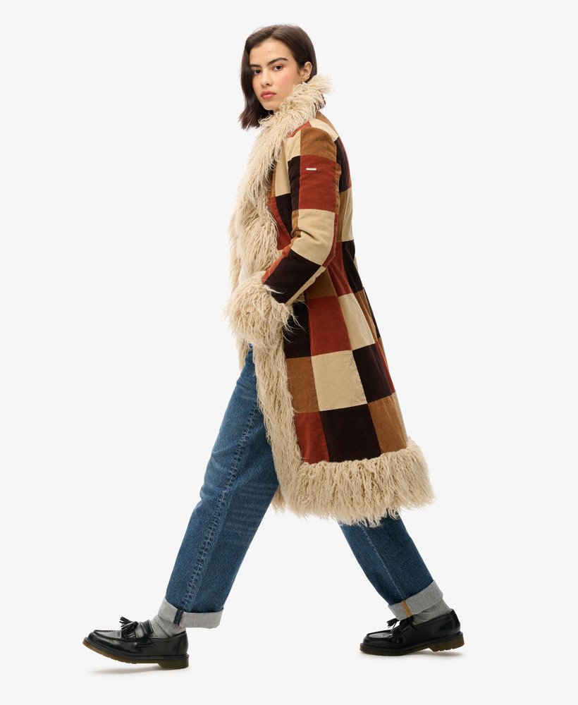 Patchwork Long Afghan Slim Fit Coat | Brown Patchwork Cord