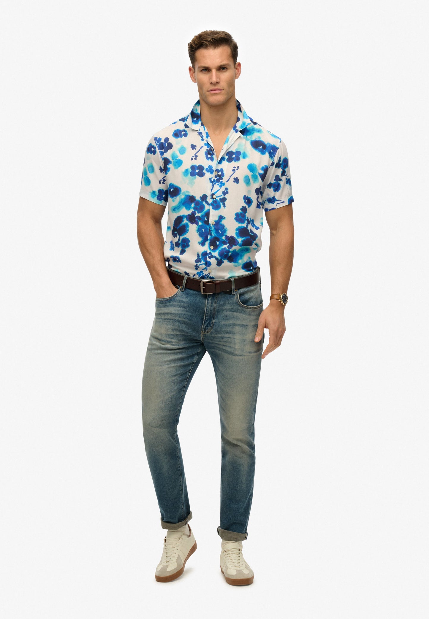 Short Sleeve Print Shirt | Abstract Floral Wedgewood Blue
