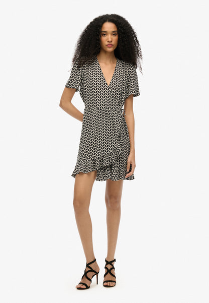 Short Sleeve Mini Wrap Slim Fit Dress | Ronnie Geo Mono