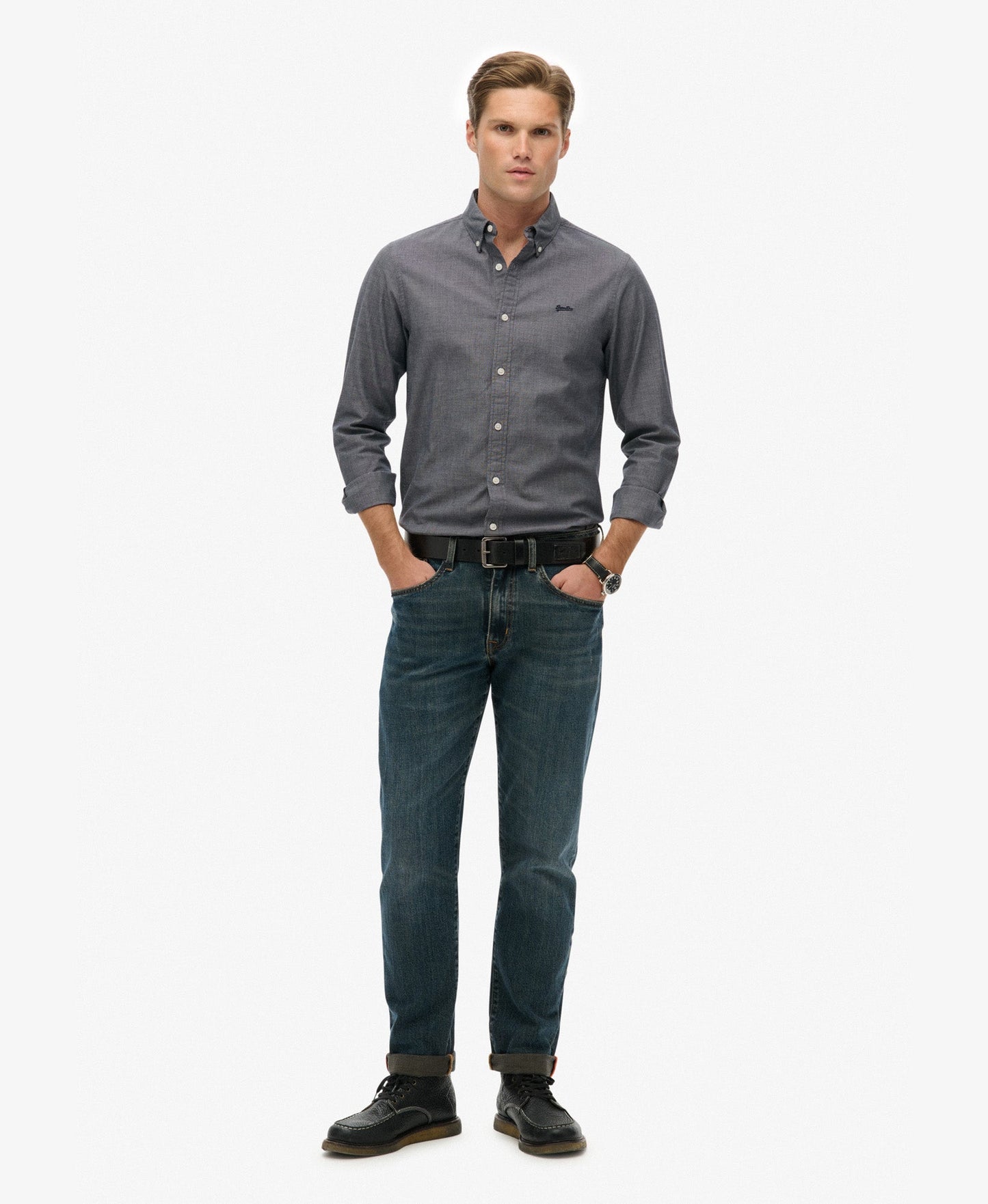 Essentials Tailored Lite Slim Fit Shirt | Navy End On End