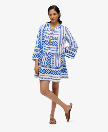 Ibiza Long Sleeve Tiered Mini Dress | Ecru Blue Emb