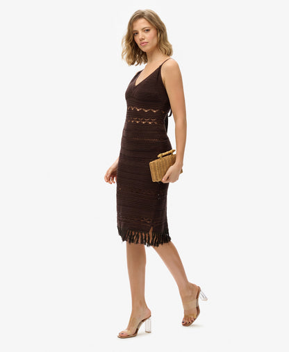 Crochet Tassel Midi Dress | Dark Oak Brown