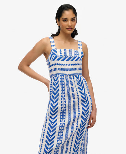 Statement Tiered Maxi Dress | Ecru Blue Emb