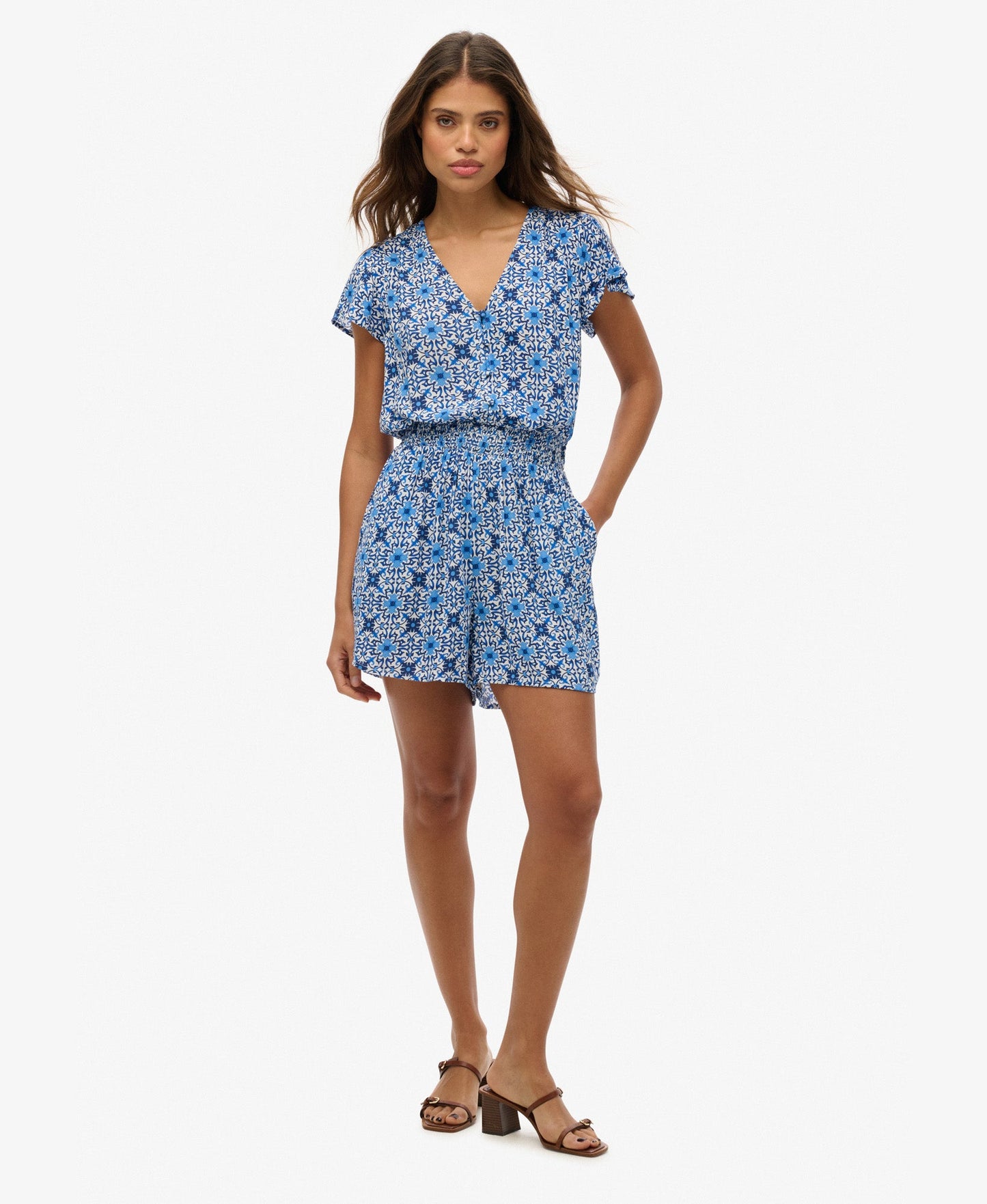 Short Sleeve Printed Playsuit | Tala Tile Border Blue