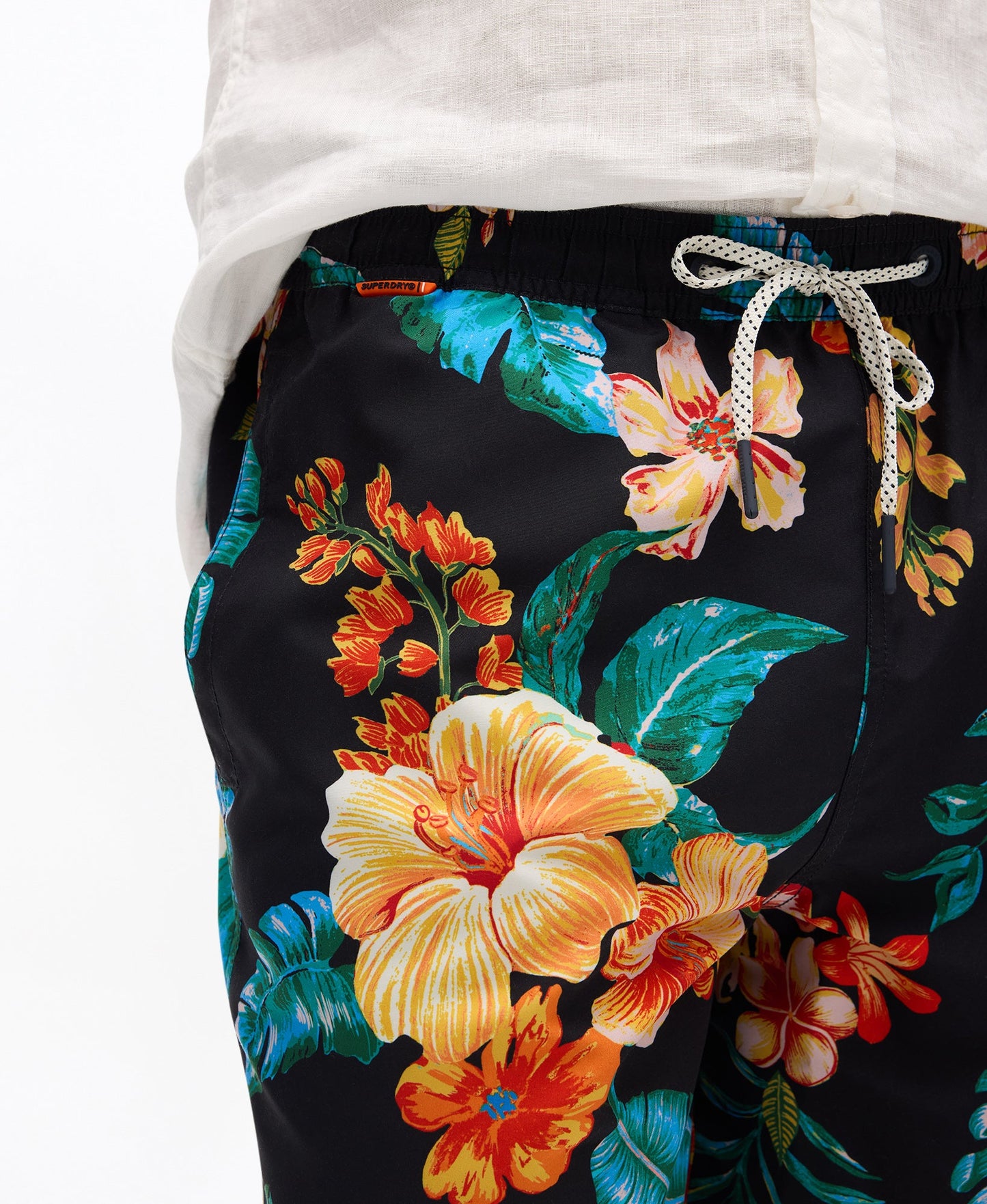 Hawaiian Print 17'' Swim Short | Hibiscus Black