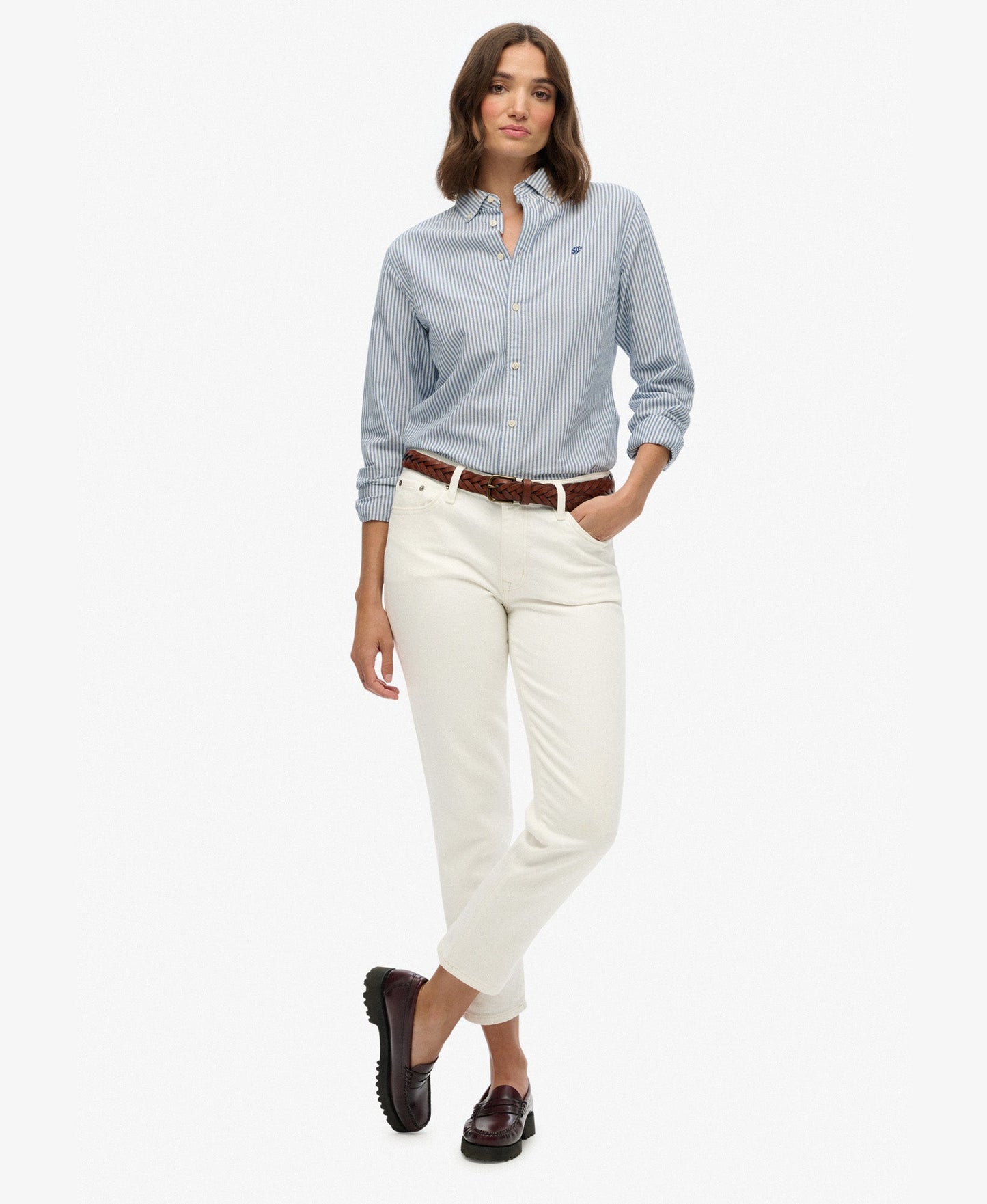 Slim Oxford Long Sleeve Shirt | Azure Blue Stripe Oxford