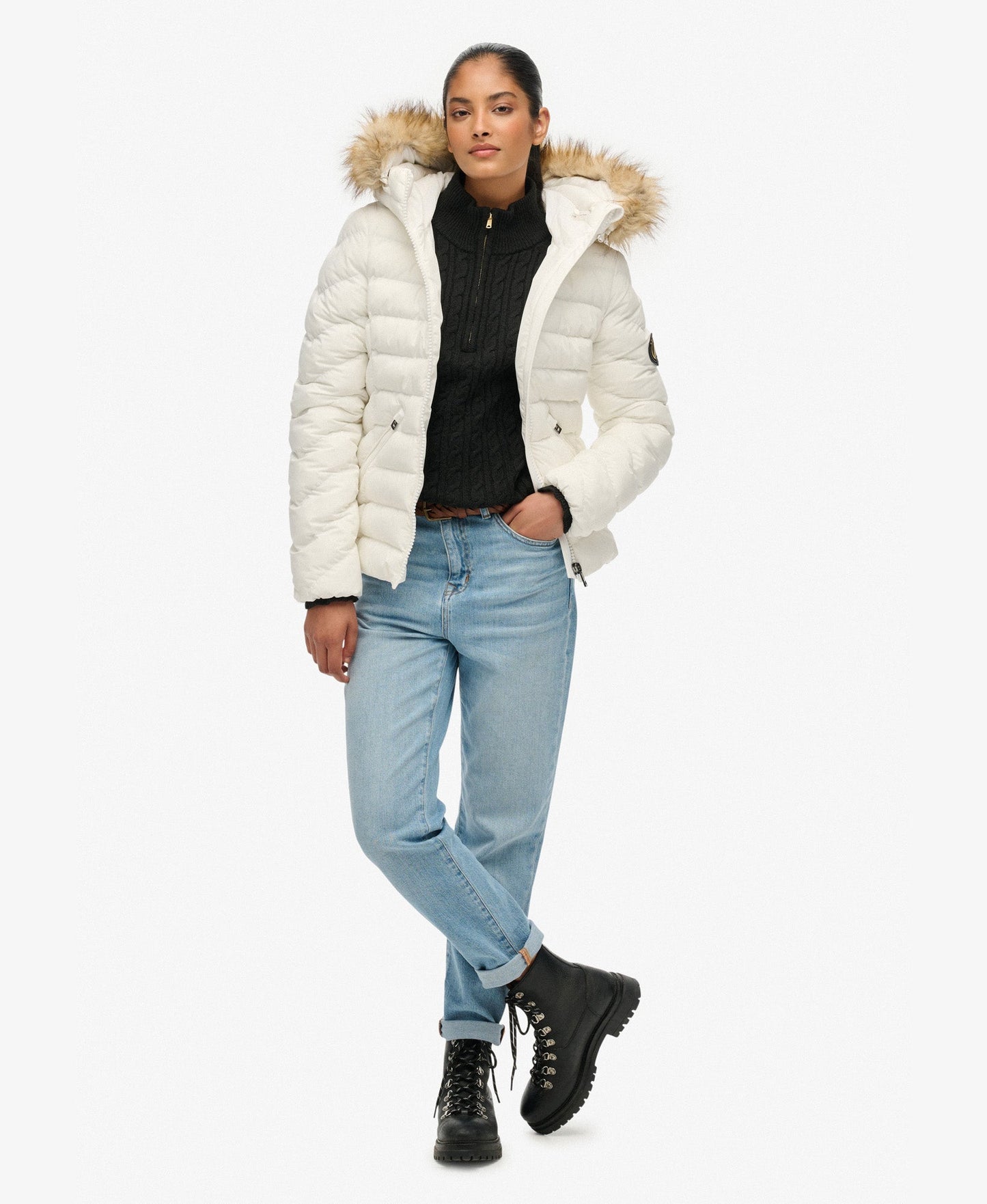 Fuji Faux Fur Slim Fit Hood Padded Jacket | Bright White